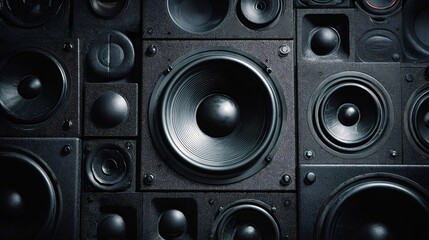 Black audio speakers in various sizes and configurations form a dynamic wall, symbolizing powerful sound, music, technology, and immersive audio experiences for concerts and entertainment