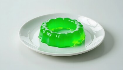 Vibrant green jello ring on a plain white ceramic plate.
