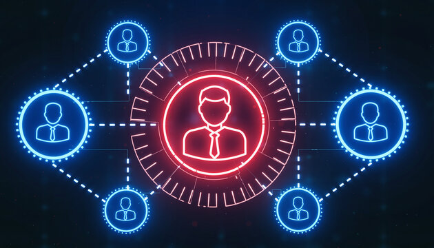 Human Connection in the Digital Age: A network of digital avatars connected within a central hub. Depicting the essence of networking, communication, and technological innovation. - Powered by Adobe