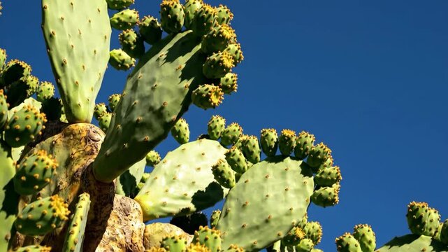 A close-up of prickly pear cactus pads covered in numerous yellow-green fruits, set against a vivid, clear blue sky. The desert plant is seen in bright sunlight.
