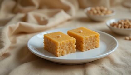 Two square pieces of homemade peanut barfi on a white plate over beige linen