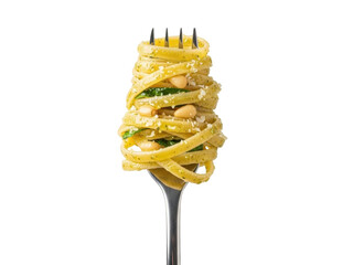 Isolated tagliatelle pasta with pesto and pine nuts on a fork, traditional Italian food