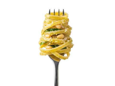 Isolated tagliatelle pasta with pesto and pine nuts on a fork, traditional Italian food