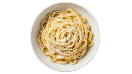 Isolated bowl of fresh fettuccine pasta with creamy Alfredo sauce and Parmesan cheese