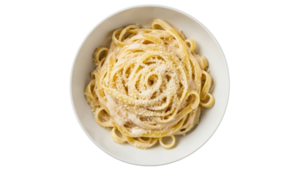 Isolated bowl of fresh fettuccine pasta with creamy Alfredo sauce and Parmesan cheese