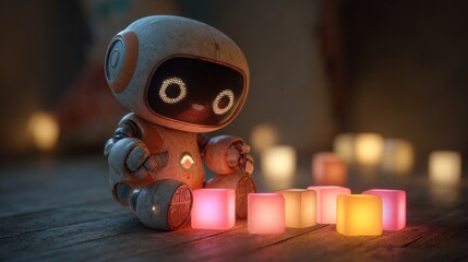 Cute Robot Toy Sitting on Wooden Surface with Colorful Glowing Blocks in Dim Ambient Light