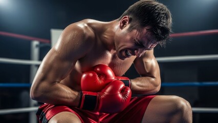 Intense moment of a male boxer experiencing pain during match in boxing ring