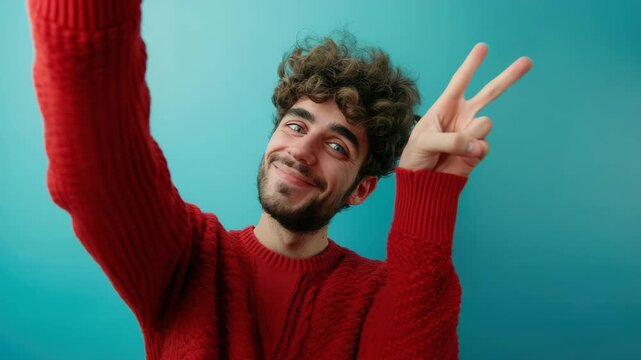 A man wearing a red sweater giving the peace sign with both hands. He has curly hair and is smiling at the camera. The background is blurred but appears to be an indoor space.