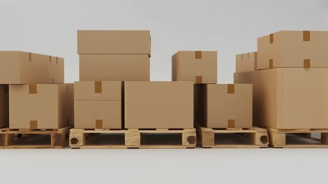 Wooden pallets, brown cardboard boxes with goods arranged in row on white background. 