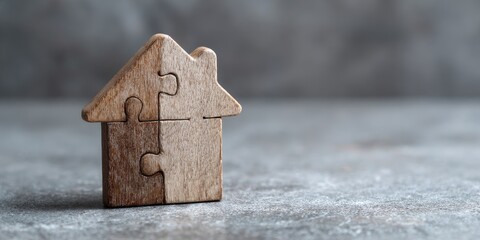 A small house, made of two interlocking puzzle pieces, stands on a textured gray surface