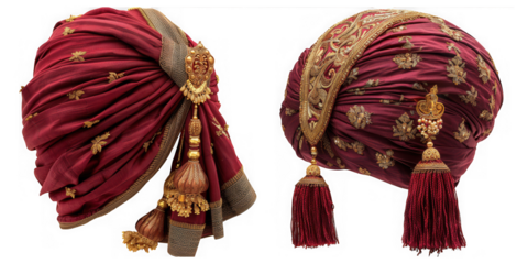 Two ornate maroon and gold indian wedding turbans pagri or safa with tassels, isolated on white isolated on transparent background