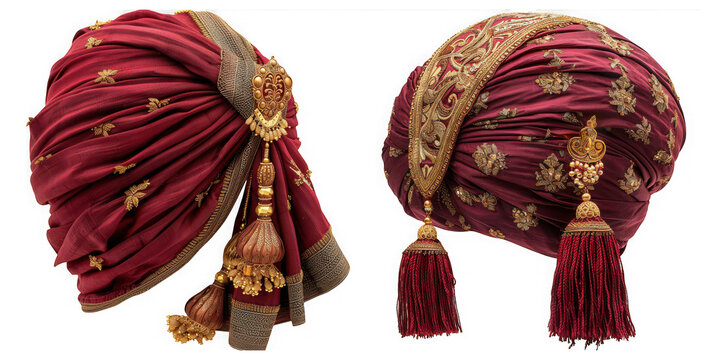 Two ornate maroon and gold indian wedding turbans pagri or safa with tassels, isolated on white isolated on transparent background