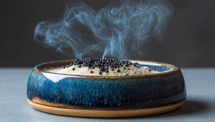 Steaming food in a teal ceramic bowl, with black granules, creating wisps of smoke against a gray background