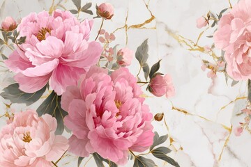 Elegant pink peony blossoms on a marbled background with golden veins creates a luxurious, soft floral effect