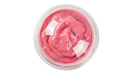 Isolated pink smoothie with a clear lid, close-up top shot view, strawberry and fruits