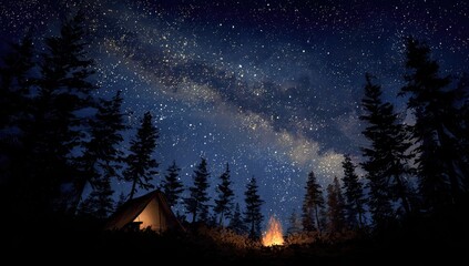 Night scene features a glowing tent, bonfire, and milky way stretching over silhouetted trees in outdoor setting