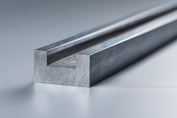 Macro photo of a linear guide segment with a single ground rail slot, flat precision-machined surface, micro-beveled sides, metallic finish, gray gradient background