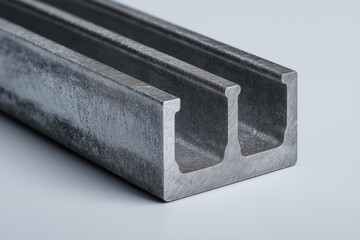 Macro image of a rugged platform component with dual U-shaped stiffener ribs, rough bead-blasted texture, full object view, industrial gray background