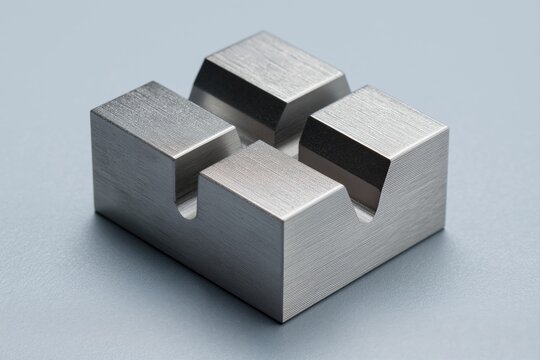 Macro photo of a solid steel V-block with center alignment groove, dual angled faces and chamfered edges, full object visible, gray background