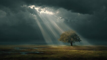 Lone tree basks in ethereal light under a dark, stormy sky, amidst a hazy, grassy field