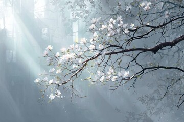 Soft light shines through branches with white blooms against a blurred background of trees and buildings
