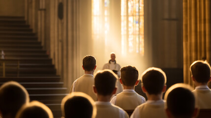 A group of people are sitting in an interior setting, possibly a place of worship or a church, facing a person giving a sermon under soft lighting, creating a sense of reverence and focus.