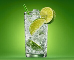 A refreshing drink with ice and lime slices in a glass against a gradient green backdrop