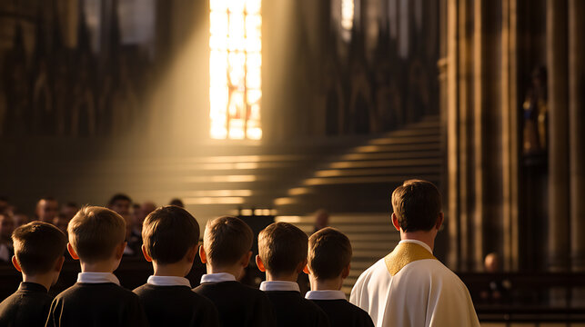 Choir boys stand in unison before a service, with a priest overseeing them. Sunlight streams through a stained glass window, illuminating the ornate backdrop.