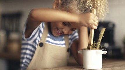 Young girl enjoying a cooking activity in home kitchen wearing casual clothes and an apron while mixing ingredients with a wooden spoon
