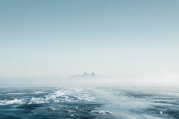 Frozen lake meets city skyline in hazy distance, cold, winter morning