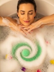 Fototapeta premium Serene Woman's Face Relaxing in a Bubble Bath with Dissolving Green Bath Bomb