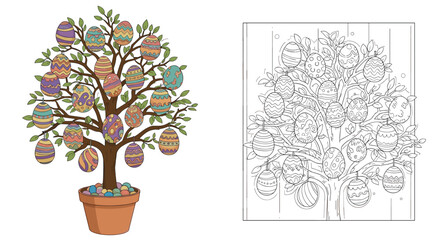 Colorful easter egg tree in a pot with decorated eggs hanging from branches, side by side with a black and white outline version.