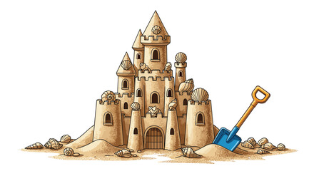 A whimsical cartoon sandcastle adorned with seashells and a bright blue shovel rests on a sandy beach. © Kana