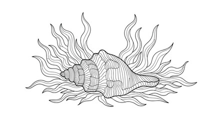 Intricate line art illustration of a seashell surrounded by stylized waves or sea grass.