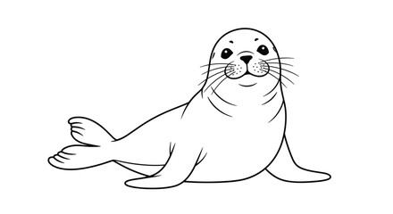 Simple outline drawing of a cute seal resting on its belly with its tail flippers out. © Kana