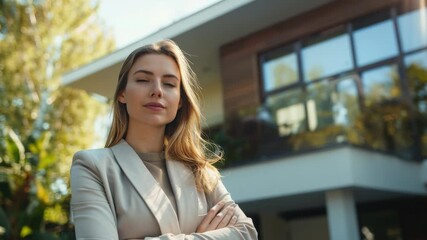 A young woman in a business suit with crossed arms, standing on a porch with a modern building behind her.