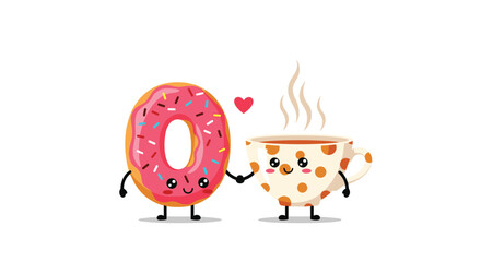 Cute cartoon donut and coffee cup holding hands with a heart between them.
