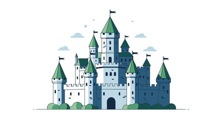 Naklejka premium A beautiful medieval fantasy castle illustration with green turrets and flags on a white background.