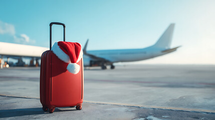 Festive travel awaits with a suitcase adorned with a Santa hat on an airport tarmac, evoking holiday spirit and anticipation of journeys during the Christmas season.