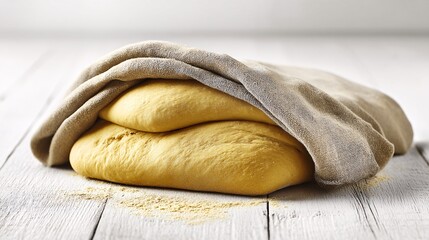 bread proofing in linen-lined couche, raw dough shaped and resting, folds of fabric detailed, top angle illustration, white background and soft pencil sketching french bread, proofing, couche, 