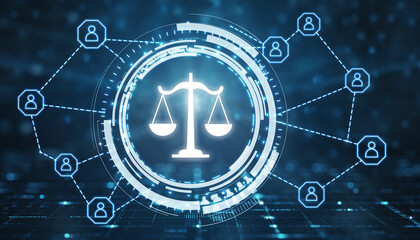 Digital Justice: A symbolic representation of justice, symbolized by balanced scales, interwoven with a network, illustrating the complex interplay of technology and law