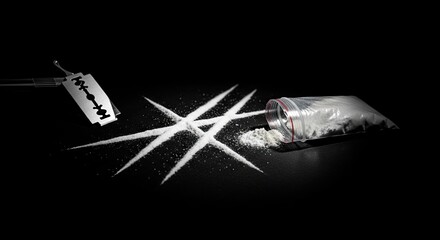 Cocaine lines arranged on a dark black surface next to a sharp razor blade and a plastic baggie of white powder highlighting illegal drug use and addiction