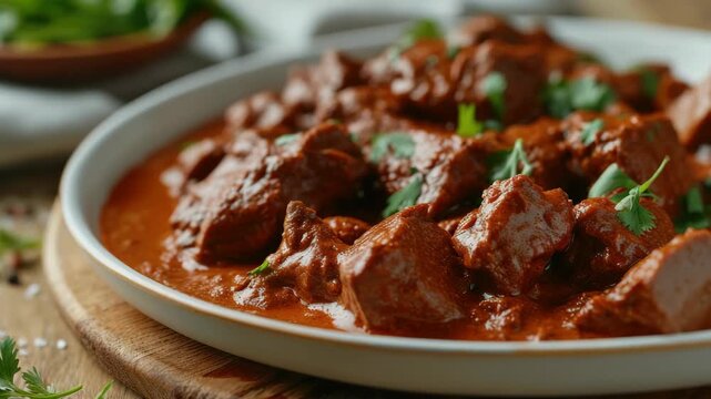 A tantalizing dish of beef curry simmered with rich spices, served in a white bowl atop a wooden table. The sauce is thick and rich, complementing the tender chunks of meat.