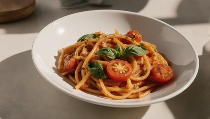 Fototapeta premium Close-up of pasta dish in a white bowl, with tomatoes and basil, natural light