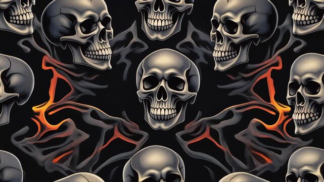 Many gray stylized human skulls on a black background suitable for dark and edgy design projects, halloween themes, and macabre graphic designs.