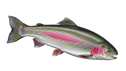 Obraz premium Isolated Rainbow Trout swimming profile, a colorful freshwater fish with silver belly