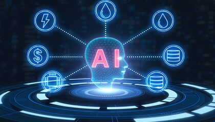 Artificial Intelligence Hub: A futuristic digital representation of artificial intelligence, with an AI-labeled head at the center.
