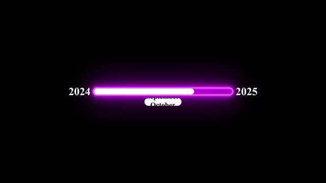 2024 to 2025 loading animation with January 2024 to January 2025 timeline on black background, year progress transition, calendar time loading bar, new year change concept