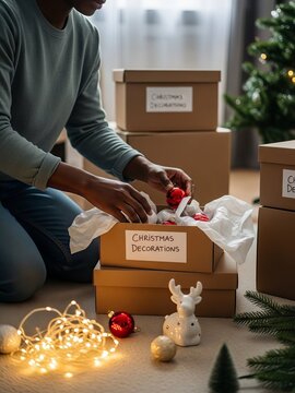 Person Carefully Storing Holiday Ornaments in Cardboard Boxes