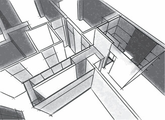 Converging skyscraper outlines in a grey cityscape